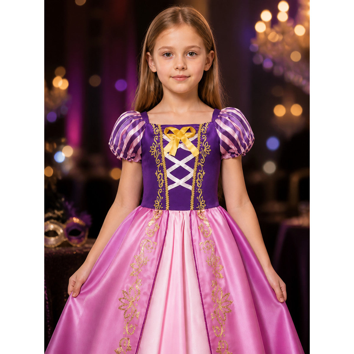 Girls Princess Costume Dress, Purple Pink Puffy Sleeve Halloween Outfit on-model view