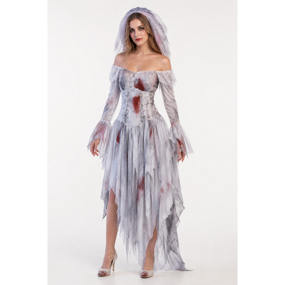 Ghost Bride Costume with Long Sleeves for Halloween on-model view