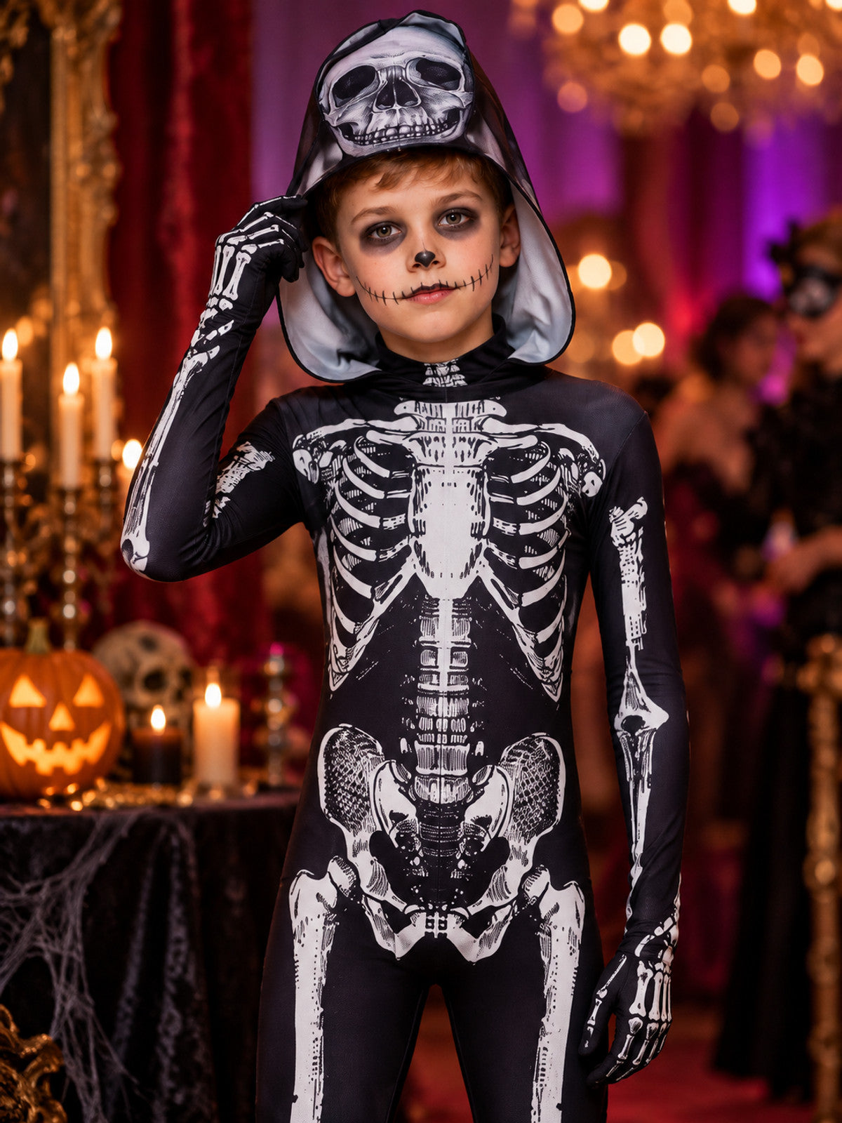 Black and White Skeleton Halloween Costume with Hood