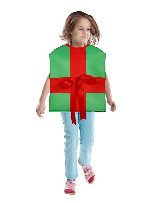 Child wearing the green and red Christmas gift box costume tunic with satin bow, front view
