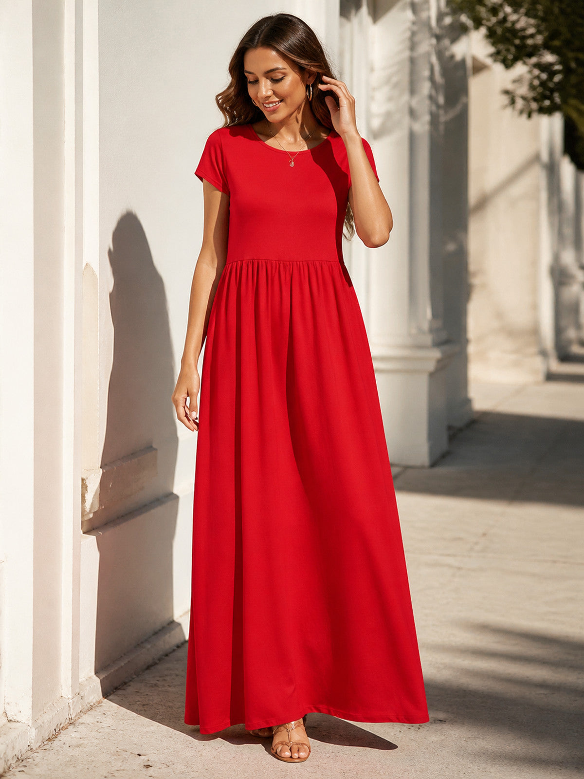 Red Women's Maxi Dress with Short Sleeves and Ruching main product view