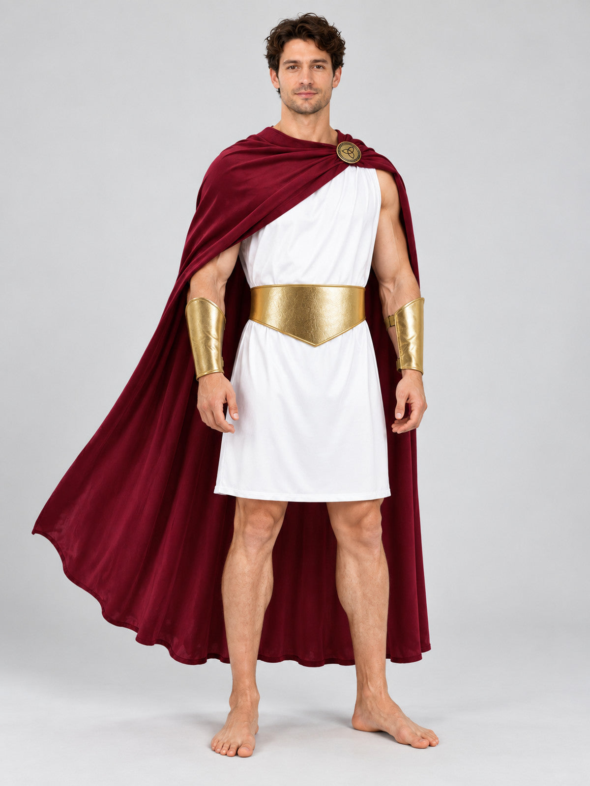 Ancient-style costume with a burgundy cloak and white tunic