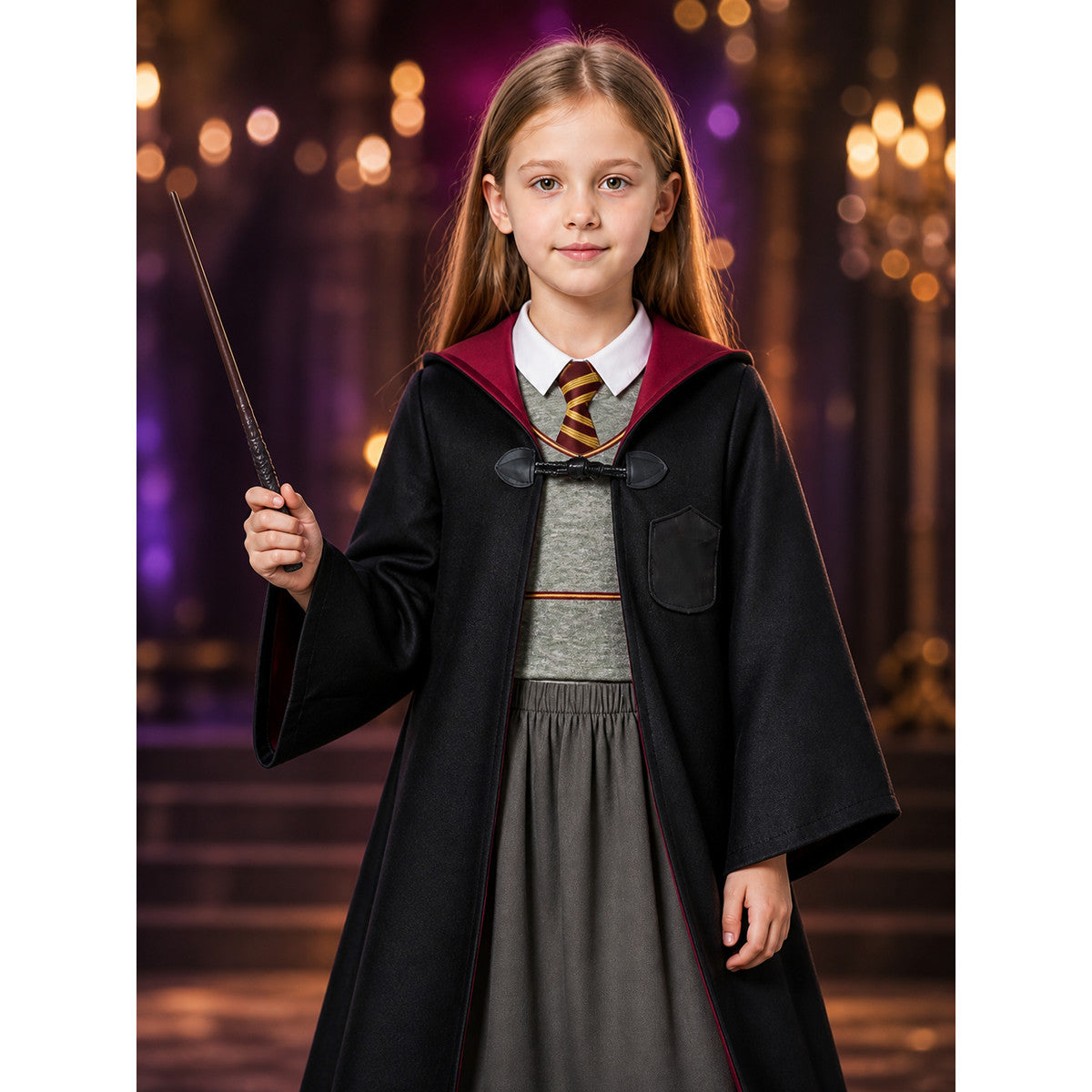 Kids Wizard Costume Set With Hooded Robe, Vest, Skirt And Wand on-model view