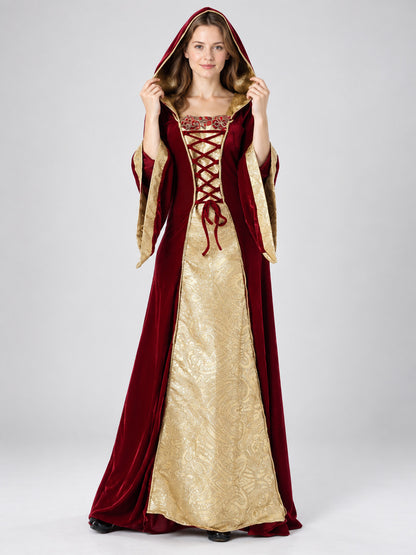 Long Burgundy and Gold Carnival Dress with Hood