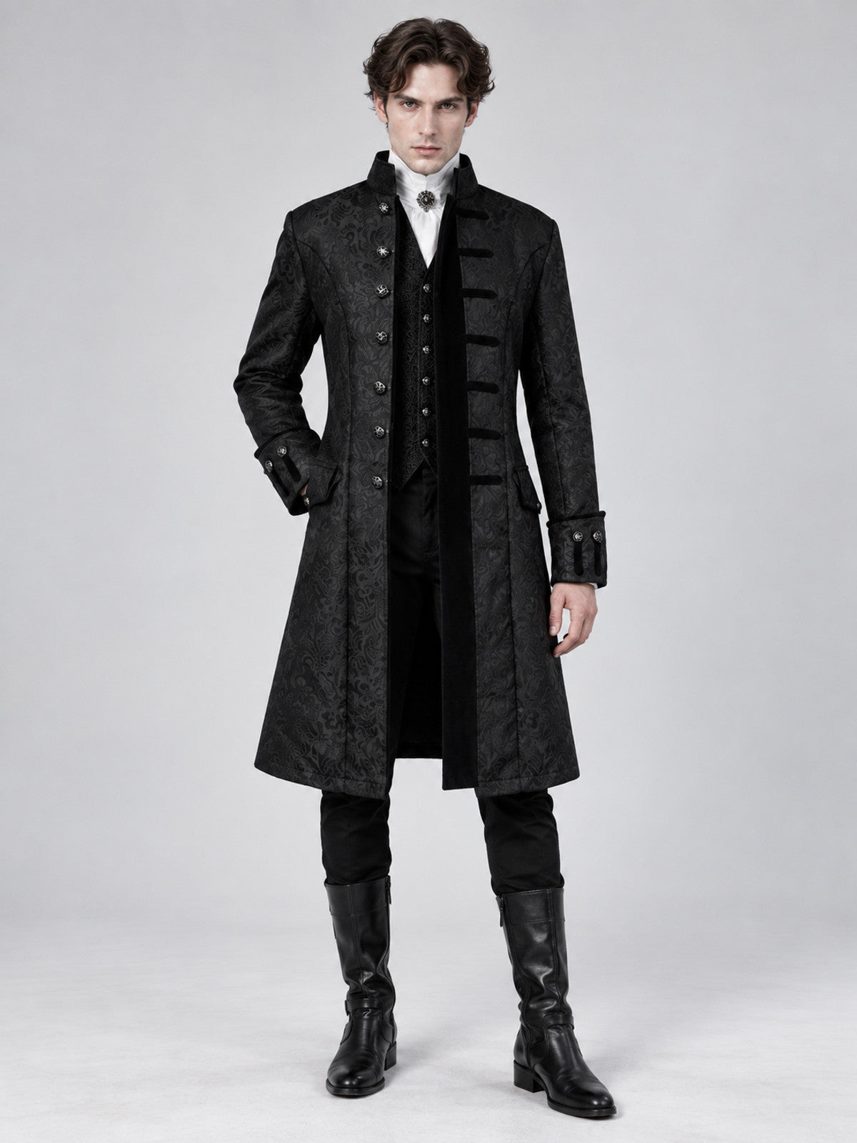 Gothic black long frock coat with pattern and buttons