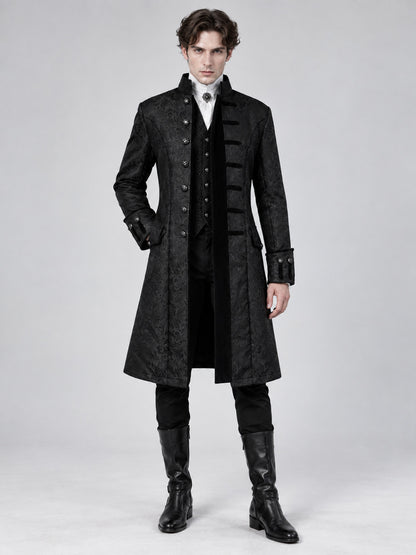 Gothic black long frock coat with pattern and buttons