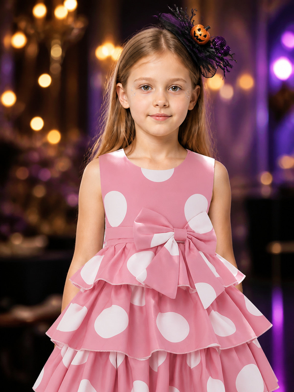 Girls' Pink Polka Dot Princess Dress with Bow and Ruffle Skirt on-model view