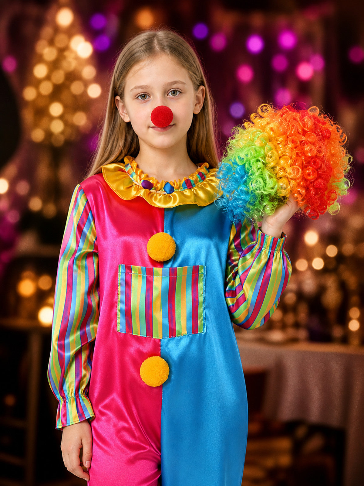 Kids' Rainbow Clown Jumpsuit Costume Set with Wig and Nose on-model view