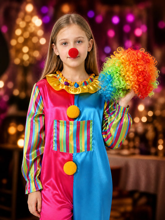 Kids' Rainbow Clown Jumpsuit Costume Set with Wig and Nose on-model view