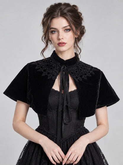 Black Velvet Short Capelet with Lace and Ties