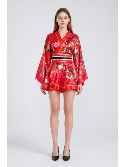 Short Kimono with Floral Print and Sash main product view