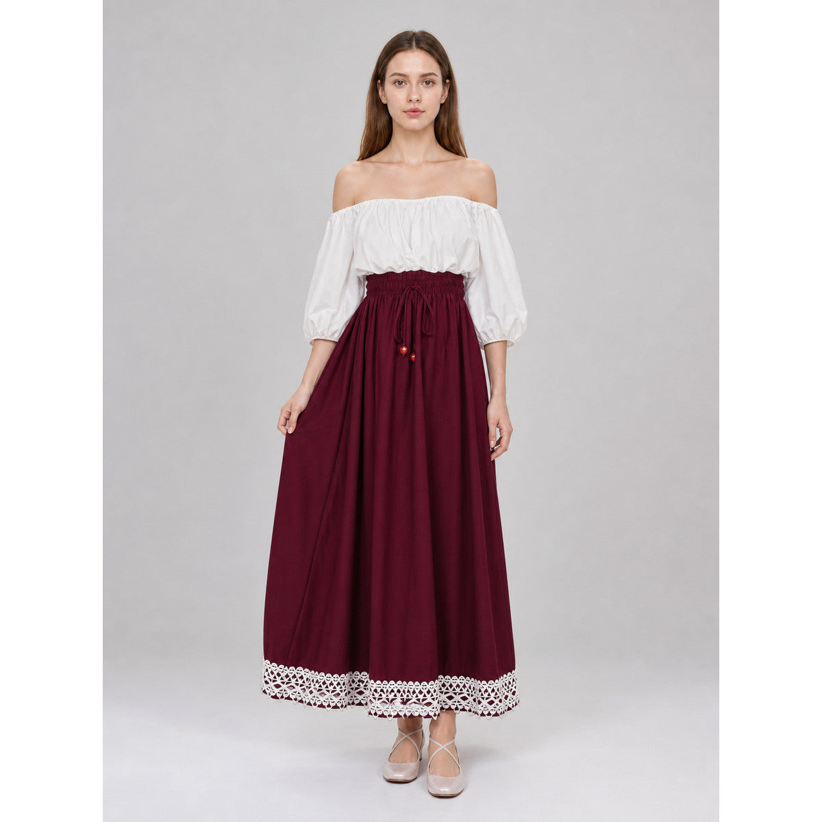 Long burgundy A-line skirt with drawstring