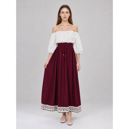 Long burgundy A-line skirt with drawstring