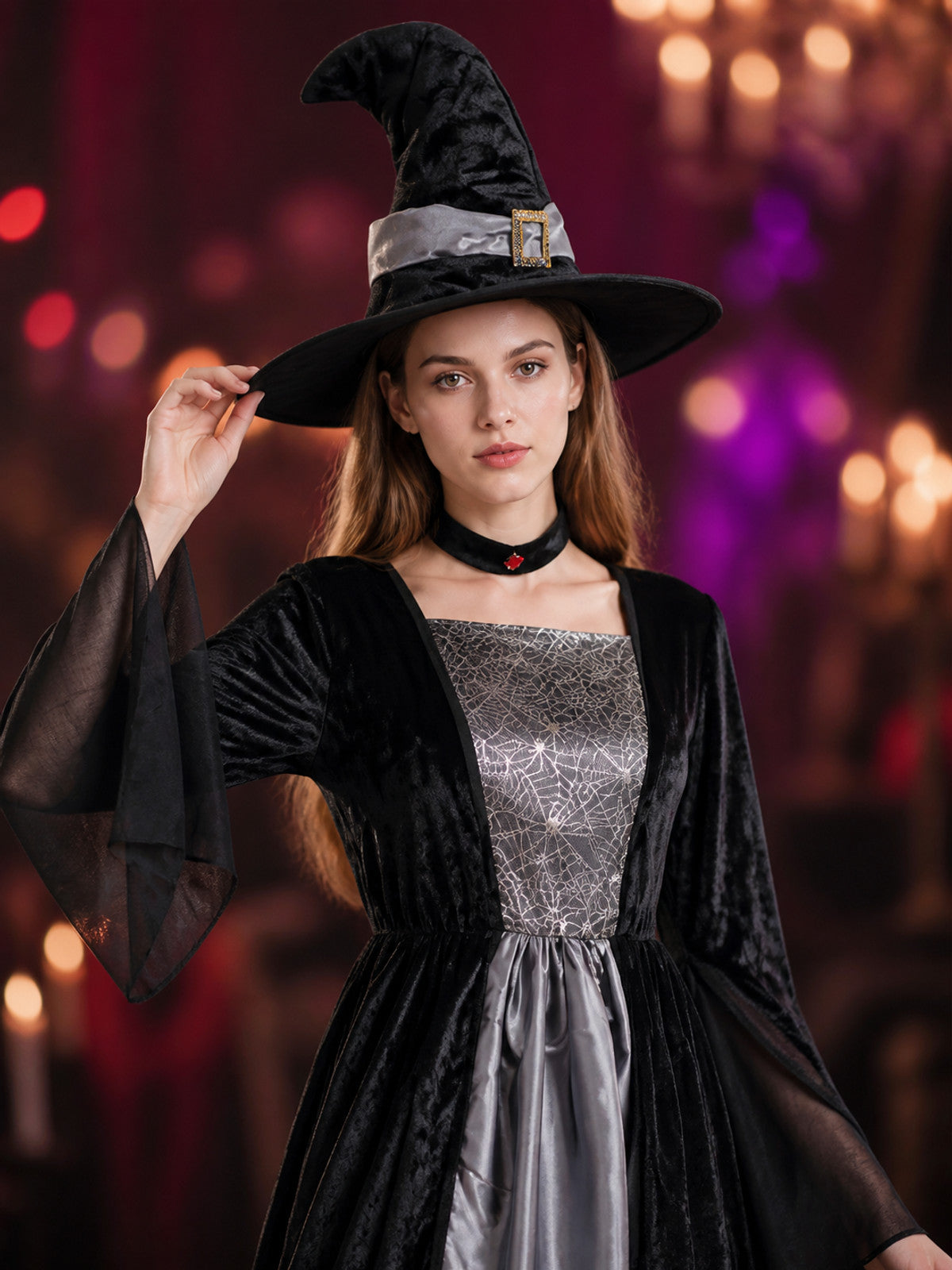 Women's Gothic Witch Costume Set, Long Dress with Hat and Neck Accessory