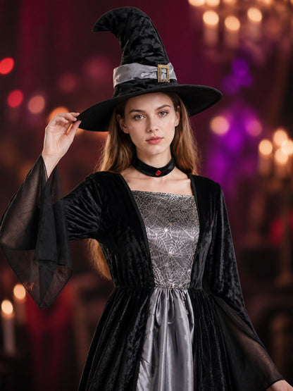 Women's Gothic Witch Costume Set, Long Dress with Hat and Neck Accessory