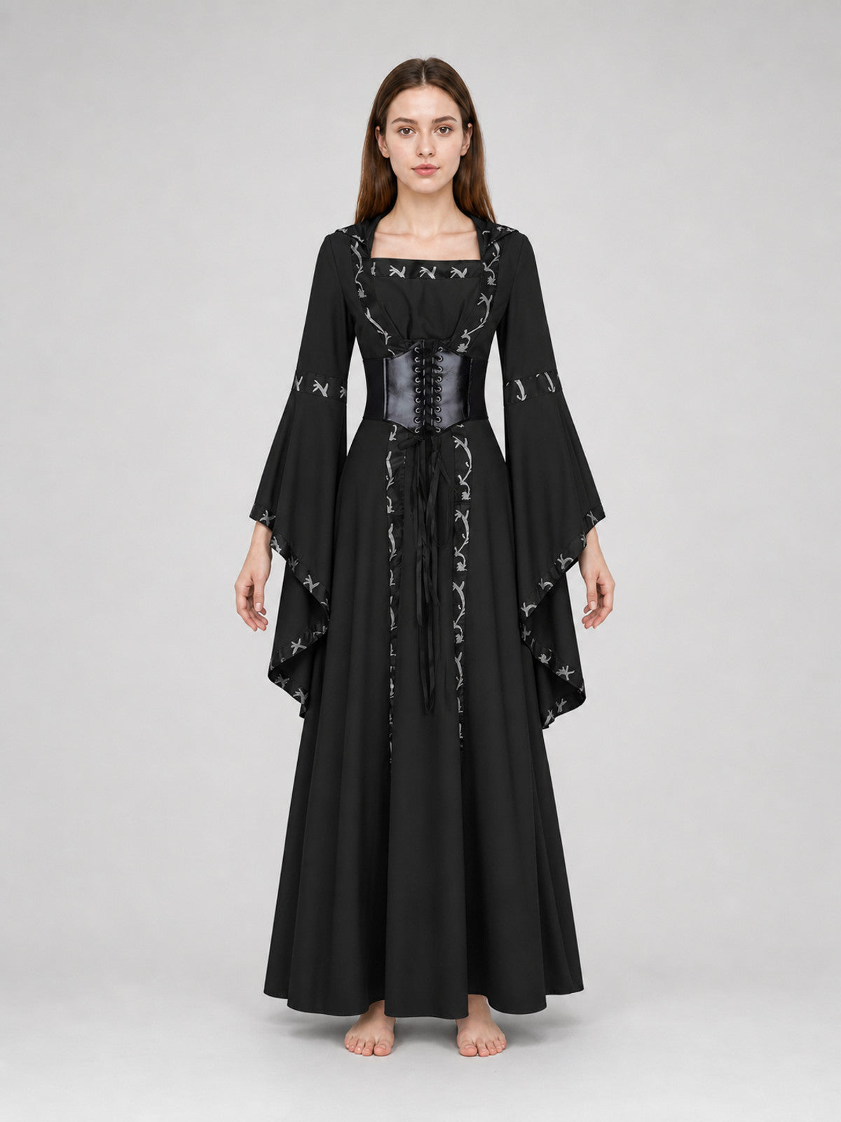 Gothic Long Hooded Dress with Lacing front view