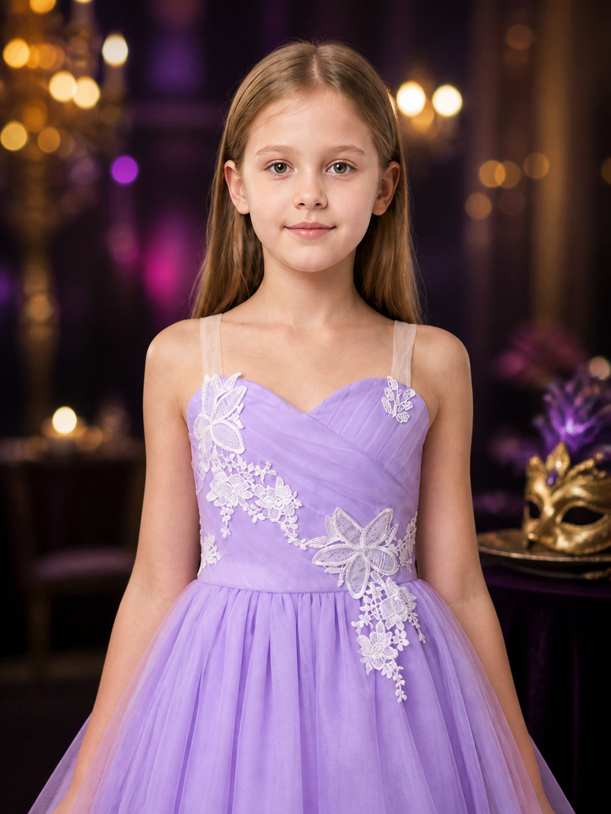 Girls' Light Purple Princess Dress, Layered Tulle Lace Bow Formal Gown on-model view