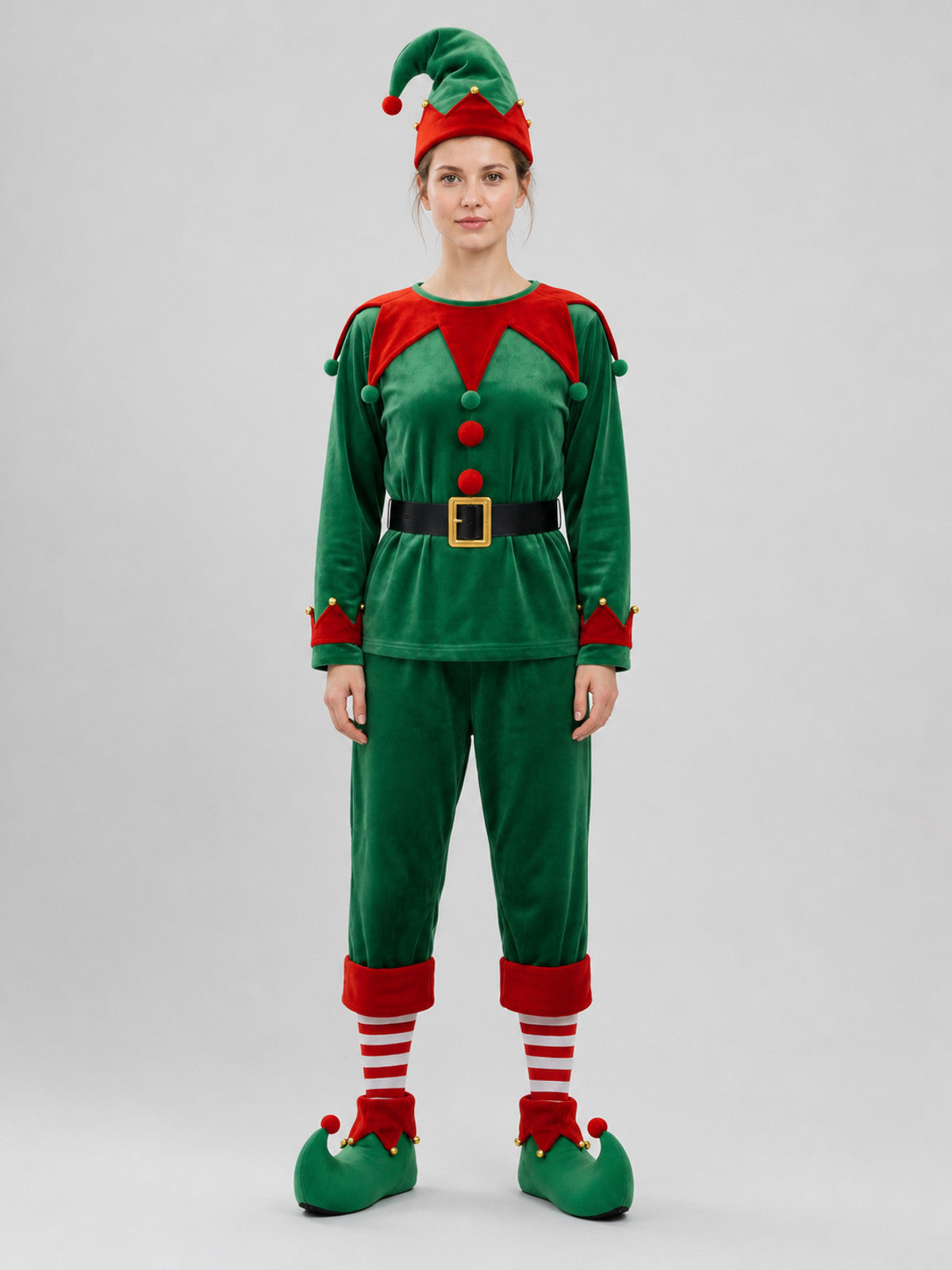 Christmas Elf Costume, Green and Red Set on-model view