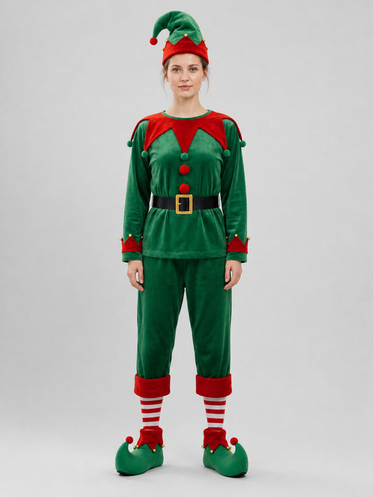 Christmas Elf Costume, Green and Red Set on-model view
