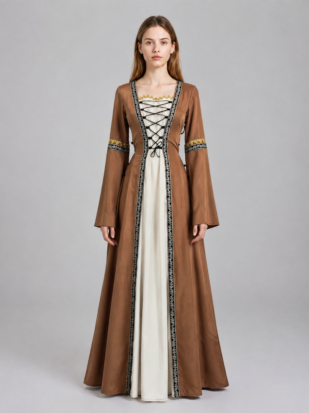 Medieval Floor-Length Dress with Cream Insert and Lacing on-model view