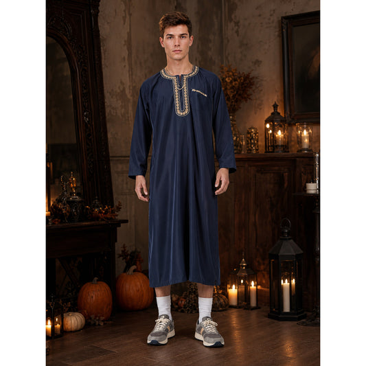 Men's Traditional Islamic-Inspired Long Robe, Deep Navy Blue Full-Length Tunic With Embroidered Trim For Modest Wear