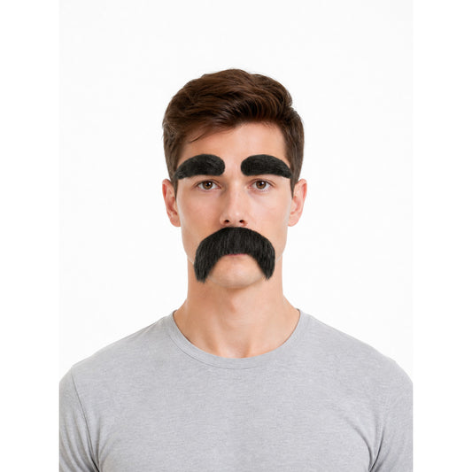 Black fake moustache and thick eyebrows shown on a front-facing young man wearing a gray T-shirt against a white background