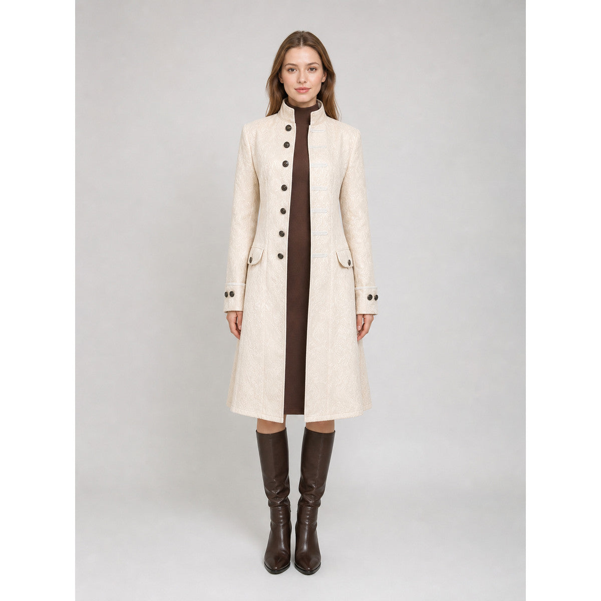 Vintage Jacquard Coat with Stand Collar