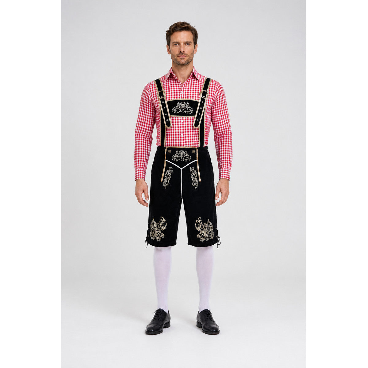 Bavarian costume set with shirt, shorts, and suspenders