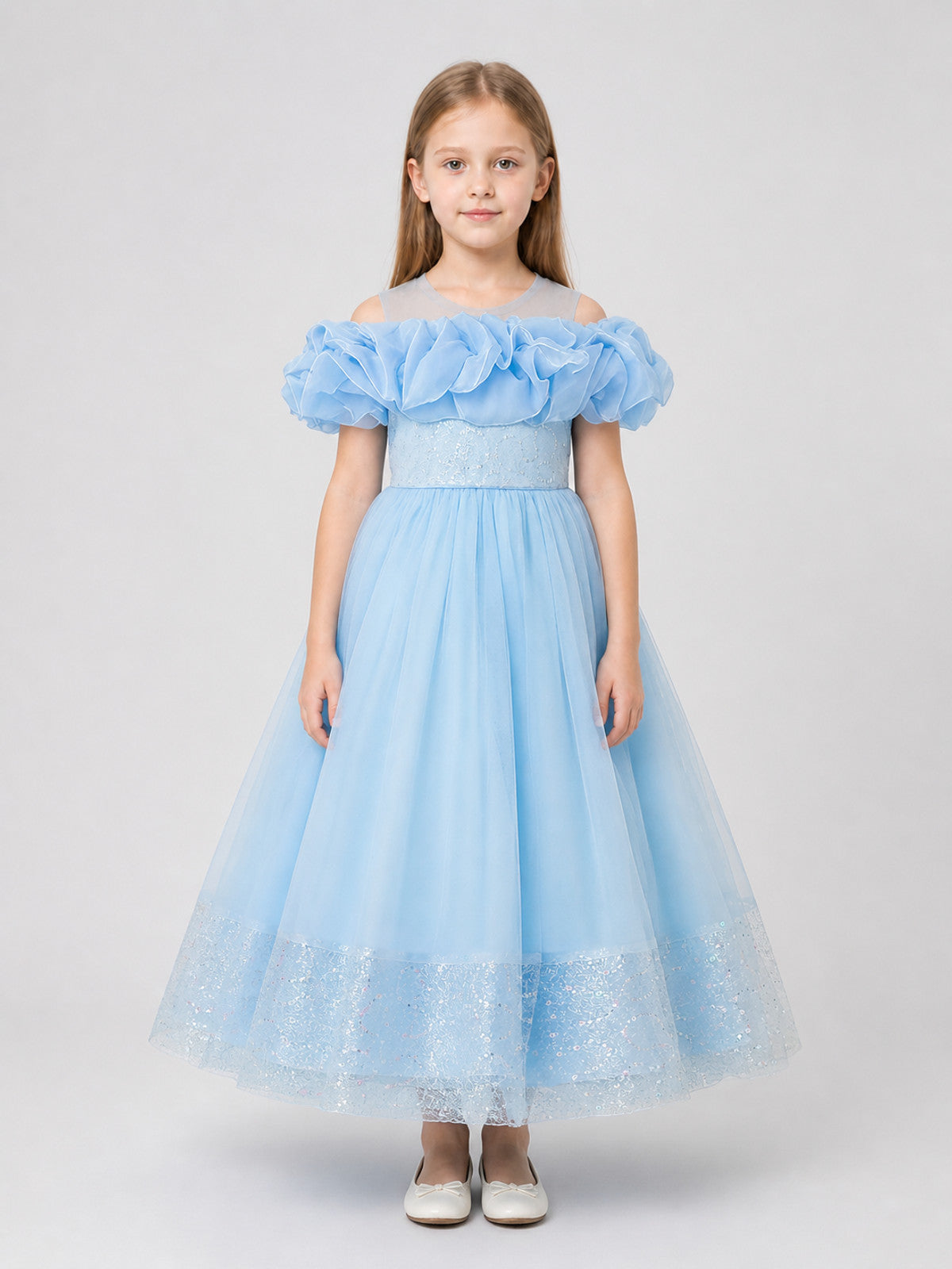 Full dress with sequins and embroidery, tulle skirt on-model view