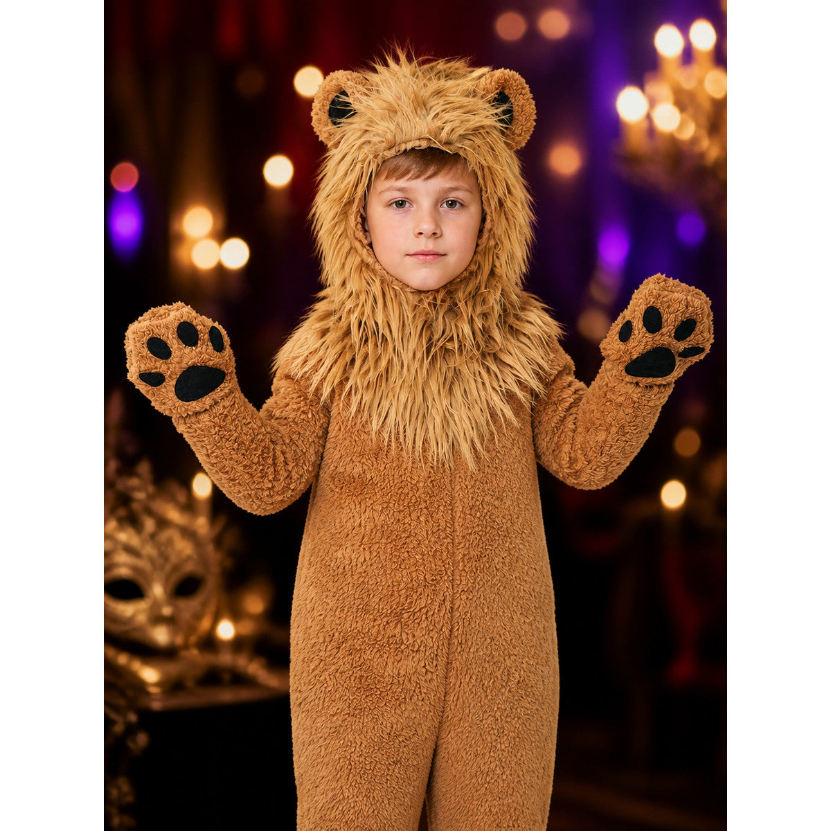 Lion Hooded Animal Costume Bodysuit, Plush Furry Jumpsuit for Halloween on-model view