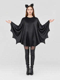 Black bat costume dress with a headband and ears for themed events. The design