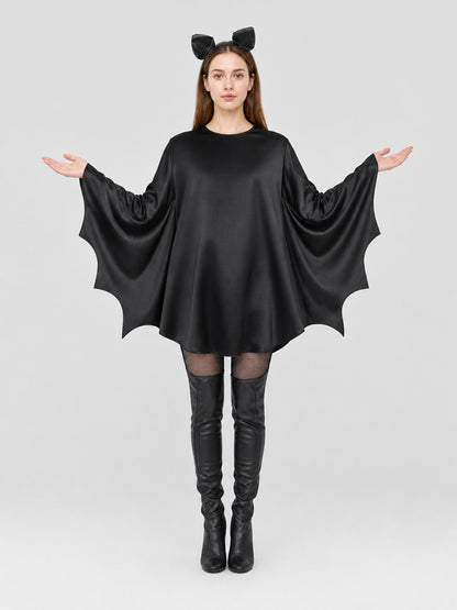 Black bat costume dress with a headband and ears for themed events. The design