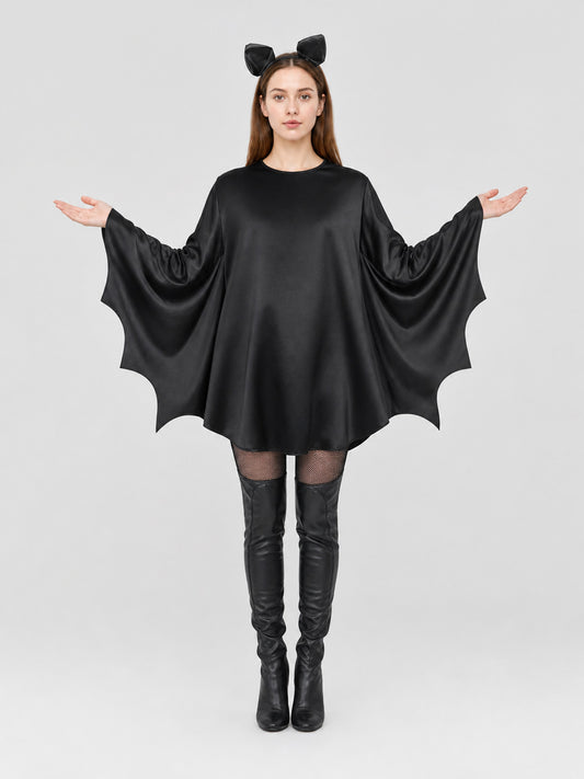 Black satin-look bat wing costume dress on a full-body model, with scalloped wing sleeves and black cat-ear headband