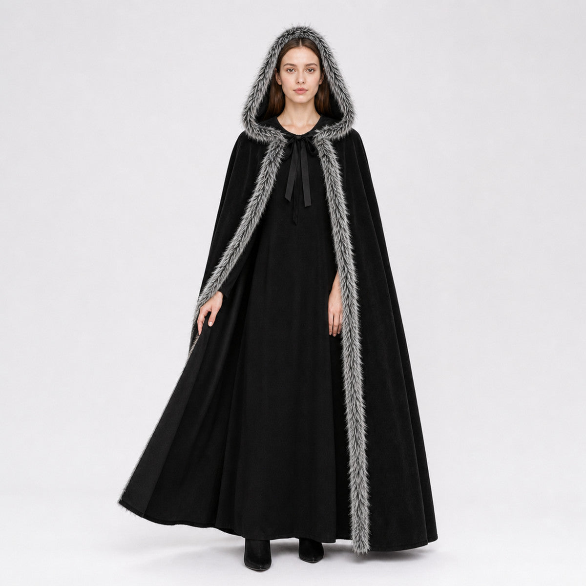 Black carnival cape with hood and shaggy trim