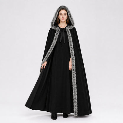 Black carnival cape with hood and shaggy trim