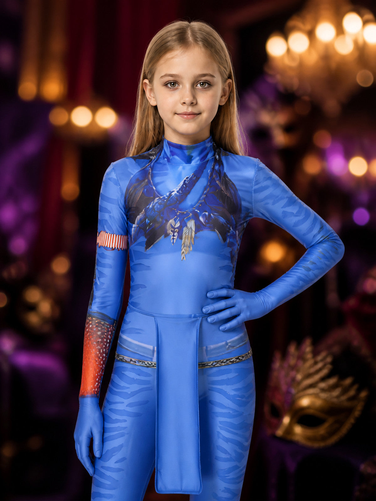 Kids Avatar Bodysuit Costume, Blue Stripe Mesh with Tail - Halloween Outfit on-model view