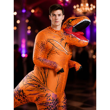 Walking T-Rex Inflatable Dinosaur Costume for Adults and Kids with Black Spots on-model view