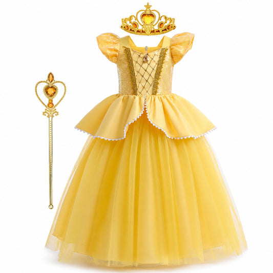 Girls Belle Princess Dress Beauty and the Beast Sequin Tulle Gown Kids Birthday Halloween Cosplay Party Dress - Color:B