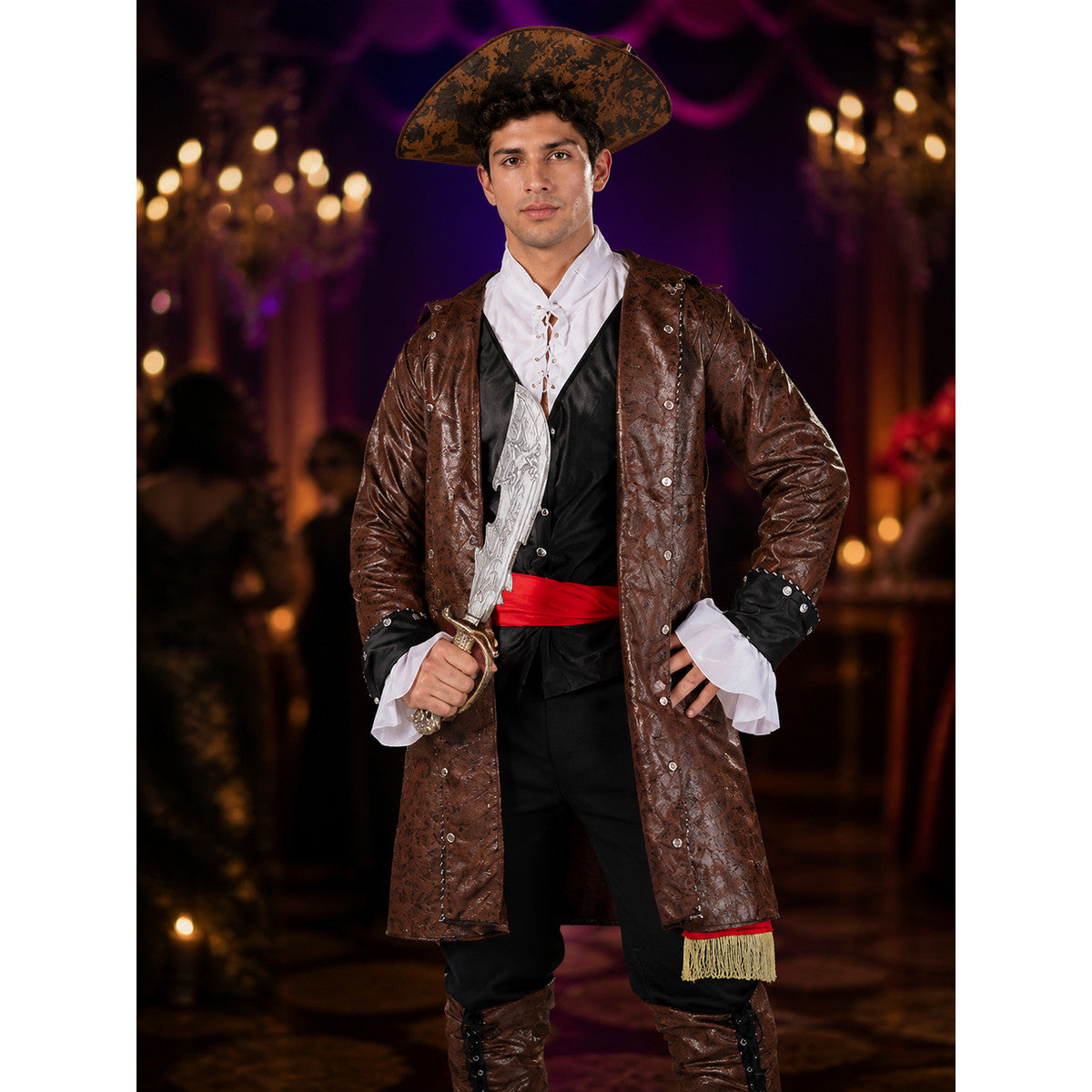 Adult Pirate Captain Halloween Costume Set, Brown Long Coat with Red Sash, Gold on-model view