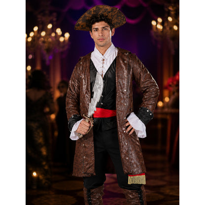 Adult Pirate Captain Halloween Costume Set, Brown Long Coat with Red Sash, Gold on-model view