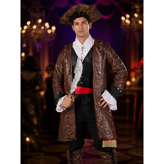 Adult Pirate Captain Halloween Costume Set, Brown Long Coat with Red Sash, Gold on-model view