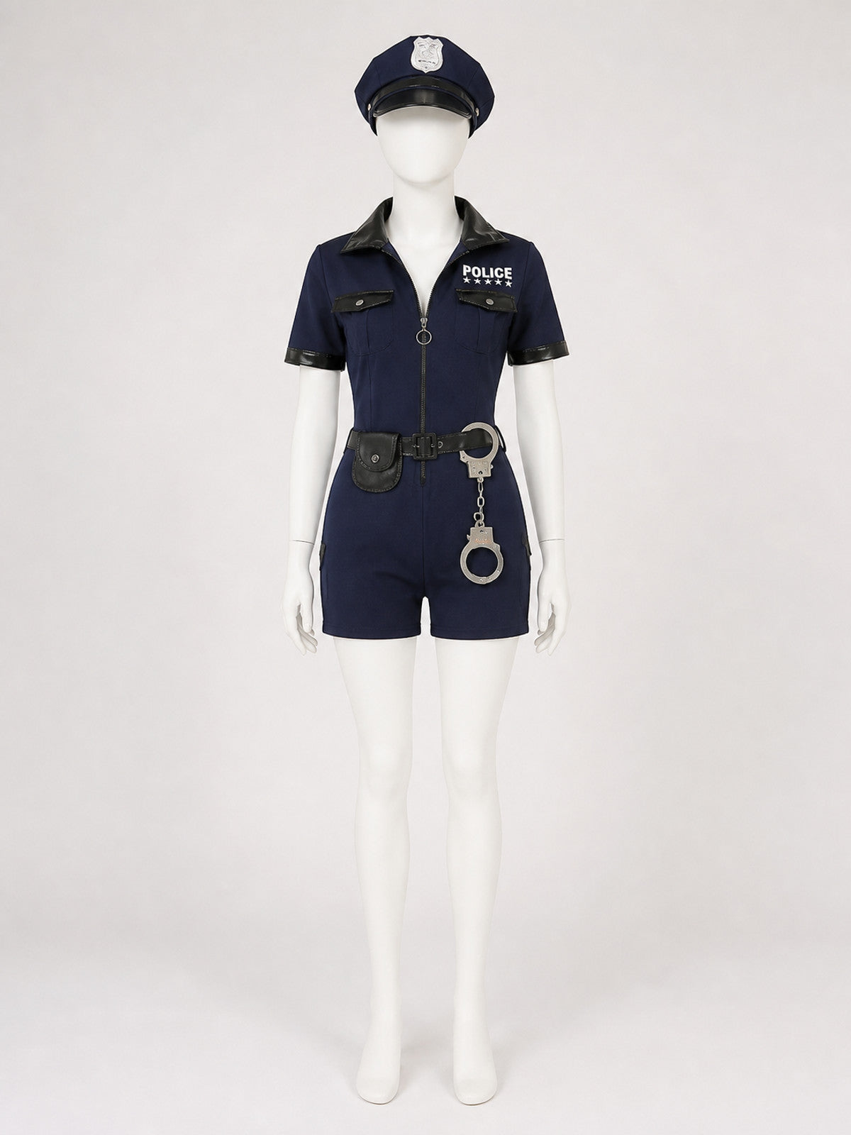 Women's Police Costume Set, Short-Sleeve Jumpsuit with Hat, Belt, Waist Bag and on-model view