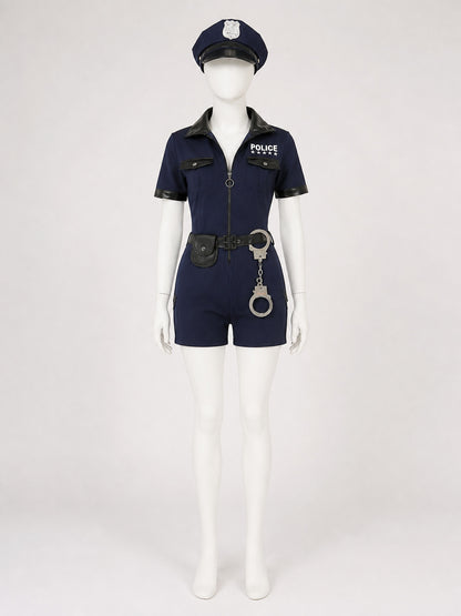 Women's Police Costume Set, Short-Sleeve Jumpsuit with Hat, Belt, Waist Bag and on-model view