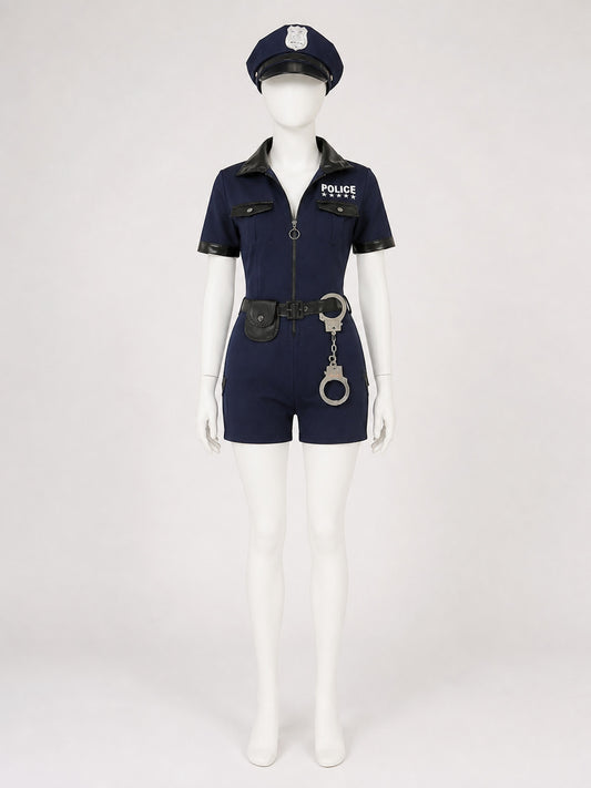 Women's Police Costume Set, Short-Sleeve Jumpsuit with Hat, Belt, Waist Bag and on-model view