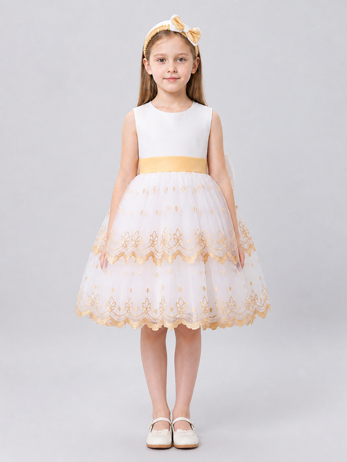 Embroidered Flower Girl Dress with Full Skirt for Weddings on-model view