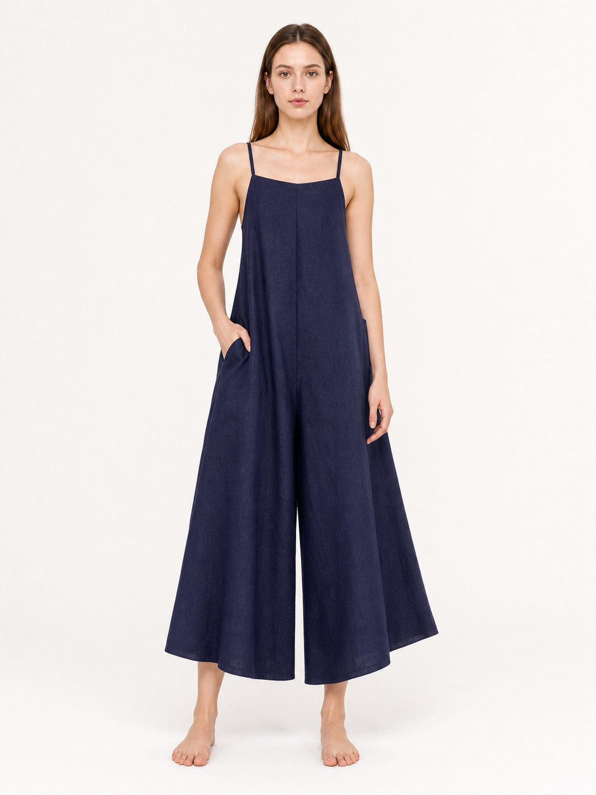Blue Spaghetti Strap Wide Leg Jumpsuit, Sleeveless One-Piece Overalls With Long