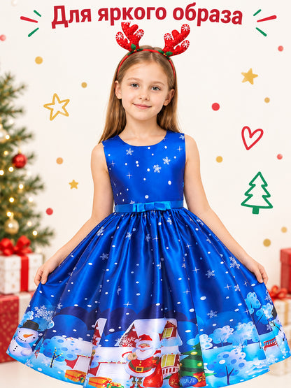 Blue children's holiday dress with Christmas print