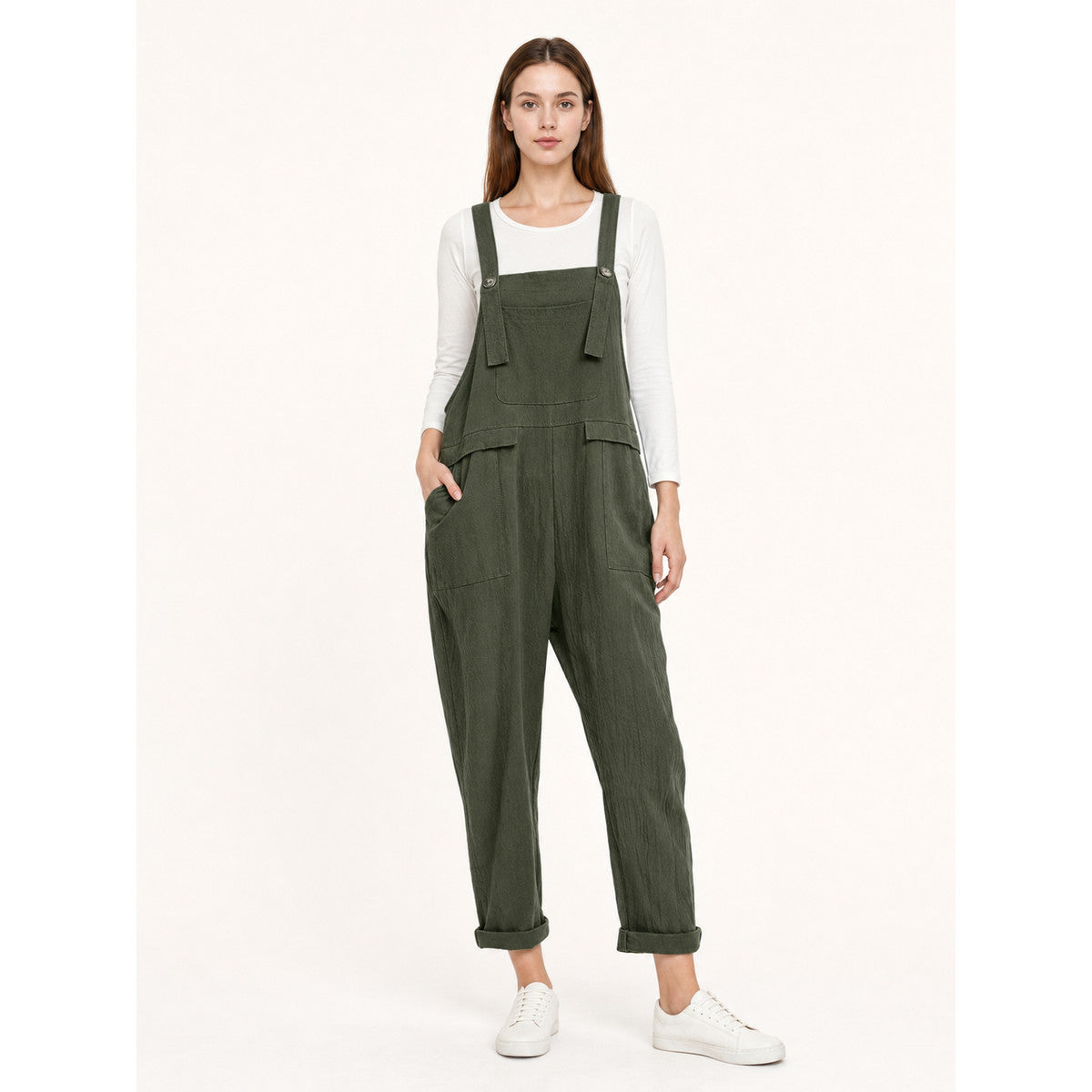 Straight-Leg Dark Green Bib Pants with Straps and Pockets