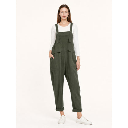Straight-Leg Dark Green Bib Pants with Straps and Pockets