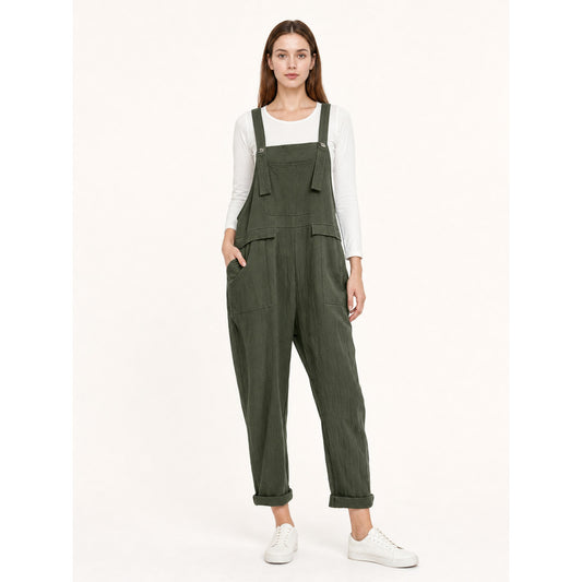 Straight-Leg Dark Green Bib Pants with Straps and Pockets